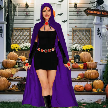 5PCS Purple Hooded Cloak, Women's Anime Cosplay with Red Gem Belt & Long Gloves