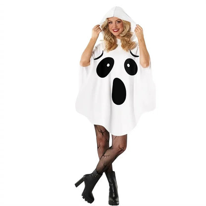 White Halloween Ghost Cloak, Spooky Trick-or-Treat Poncho with Hat