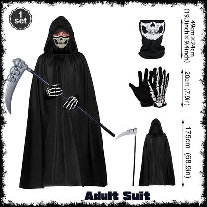 Halloween Horror Props Grim Reaper Cape, Skull Mask, Gloves, Scythe for Adults & Kids