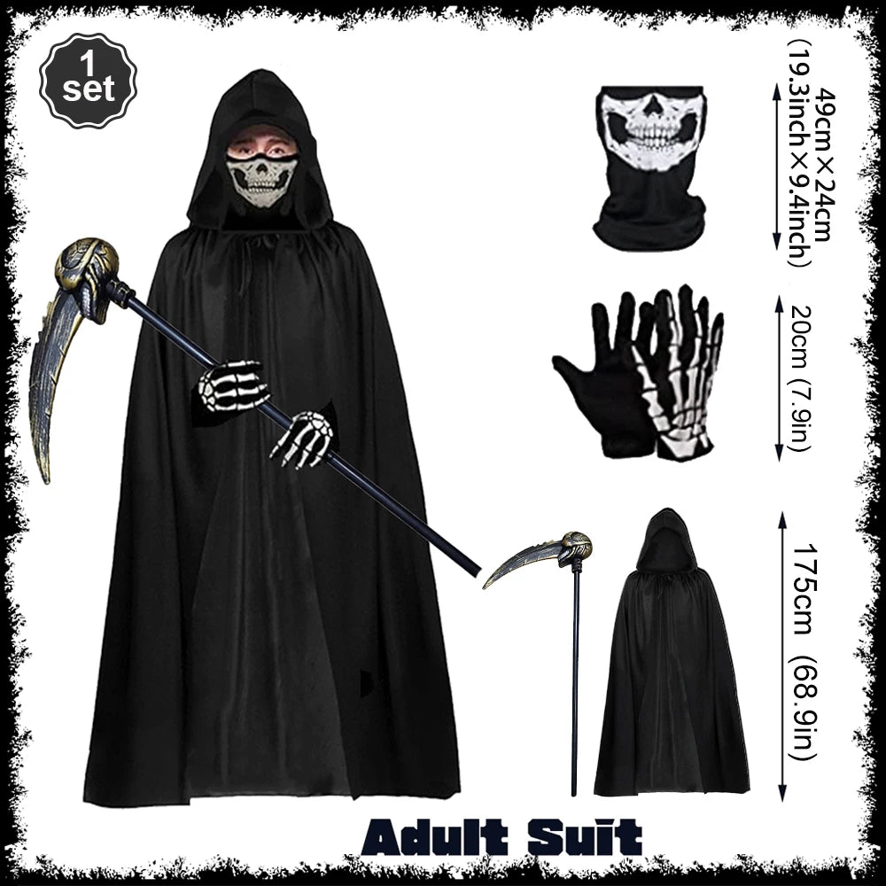 Halloween Horror Props Grim Reaper Cape, Skull Mask, Gloves, Scythe for Adults & Kids