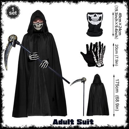 Halloween Horror Props Grim Reaper Cape, Skull Mask, Gloves, Scythe for Adults & Kids