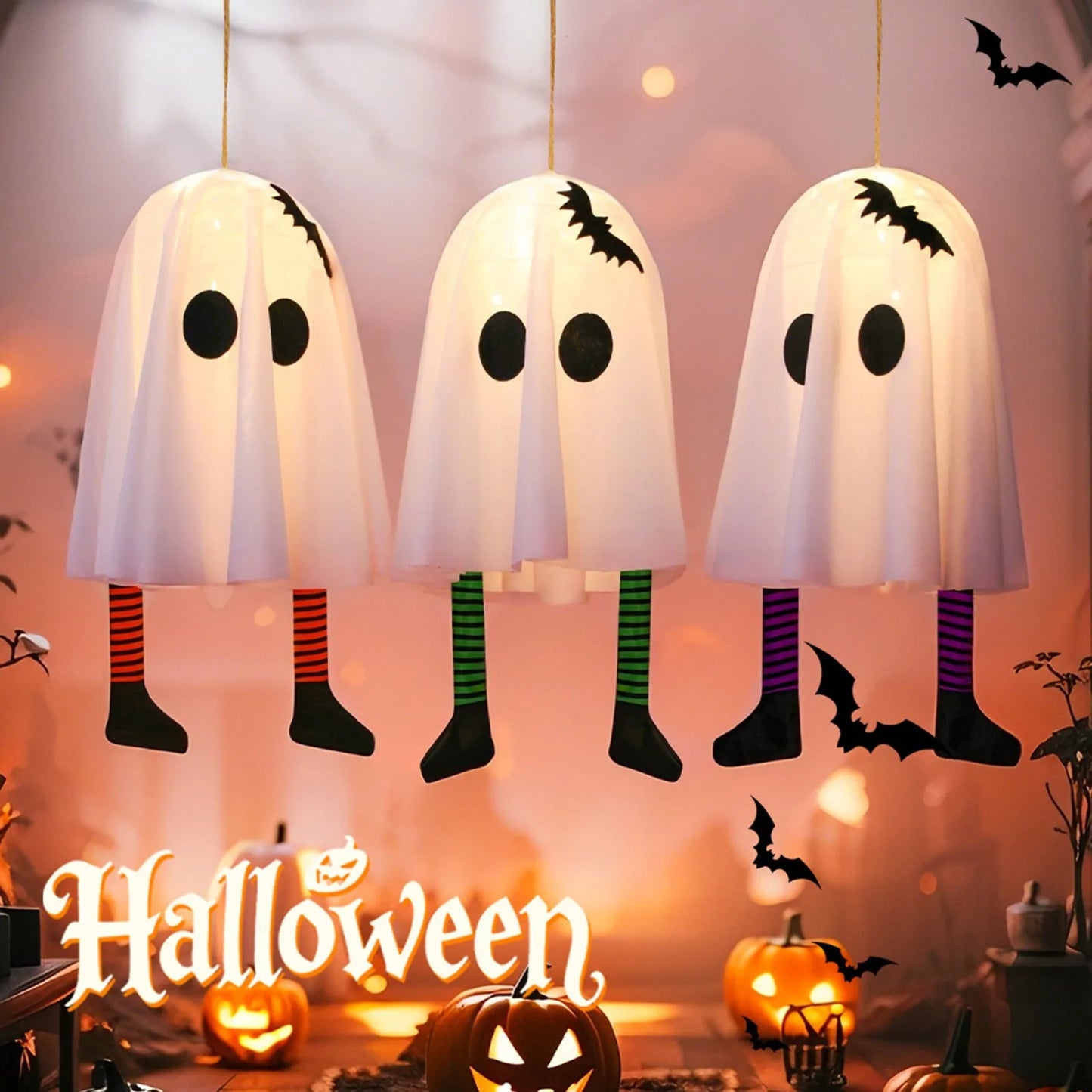 Halloween Glowing White Ghost Hanging Ghosts with Fairy Lights Halloween Outdoor Decoration 50cm Halloween Party Decoration