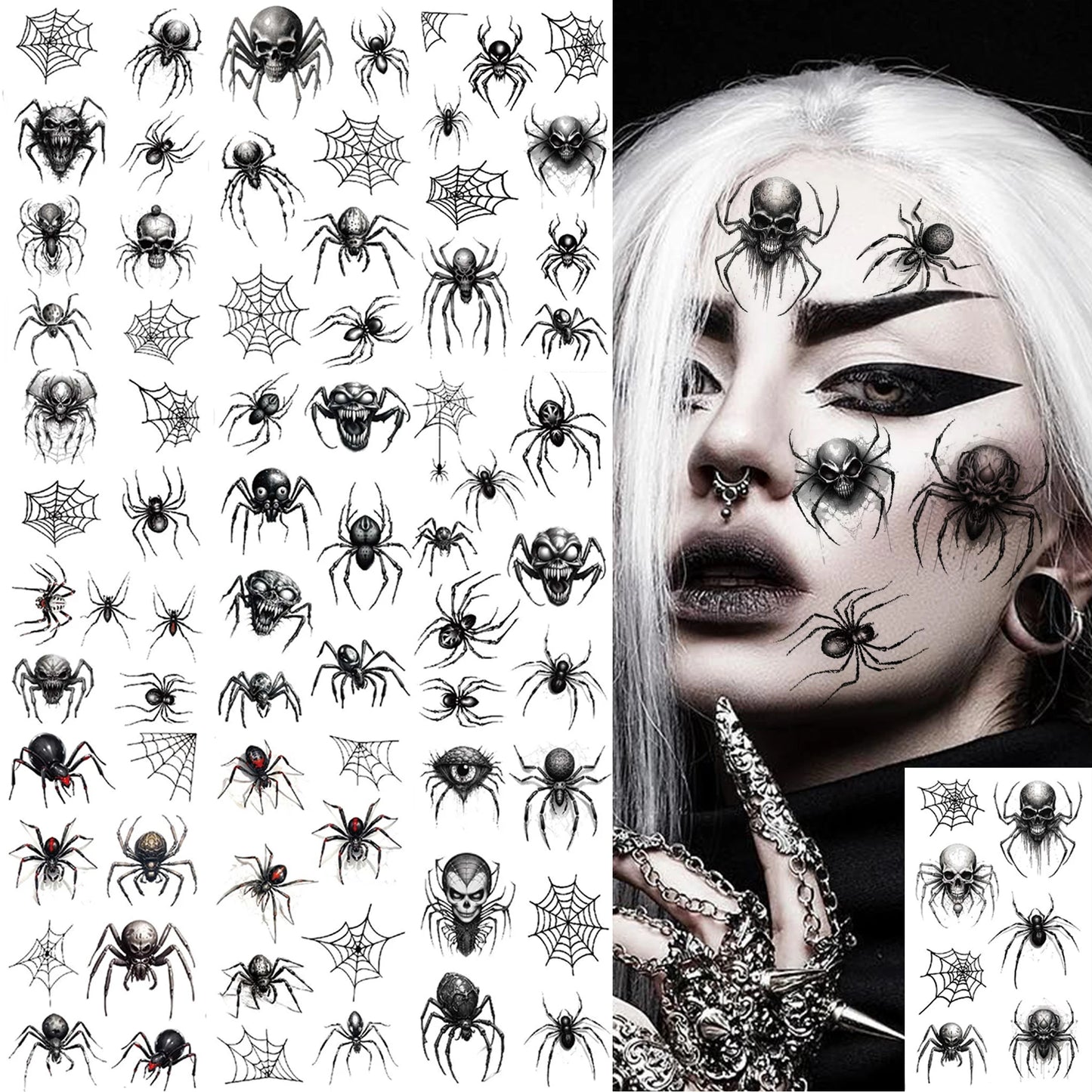 8 Sheets Realistic 3D Spider & Spiderweb Temporary Tattoos for Halloween