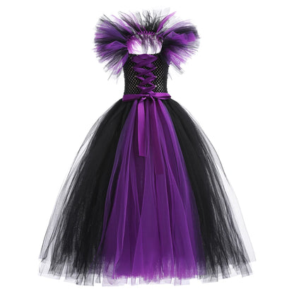 Girls Maleficent Cosplay Costume, Handmade Woven Tulle Dress, Luxury Halloween Gown