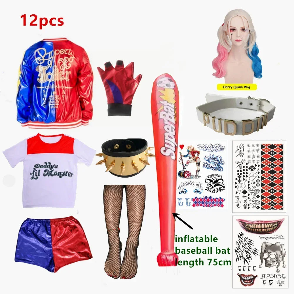 Kids Harleen Quinzel Joker Cosplay Set, Party Outfit with Jacket, Pants & T-shirt