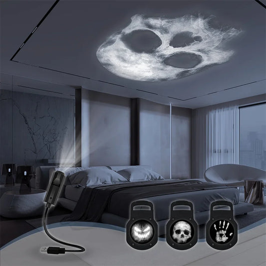 360° Rotatable Skull LED Night Light with Palm Prints & Faces - USB Halloween Decor