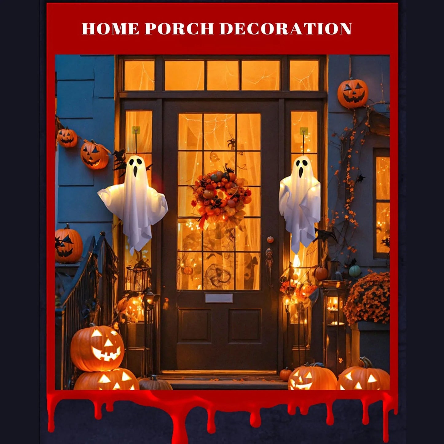 Halloween Ghost Hanging Decorations Halloween Hanging Light Up White Orange Flying Ghost Tree Window Wall Scary Ornament 50X40CM