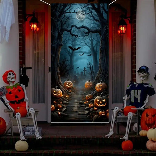 Halloween Door Cover Banner Scary Moon, Tree & Pumpkins Cemetery Decoration