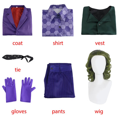 BEAST KINGDOM Movie Joker Cosplay, Purple Suit & Green Wig, Halloween Party Costume,