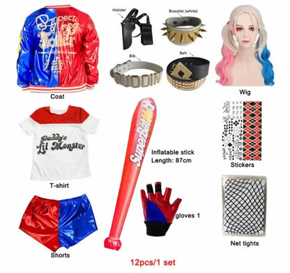 Kids Harleen Quinzel Joker Cosplay Set, Party Outfit with Jacket, Pants & T-shirt