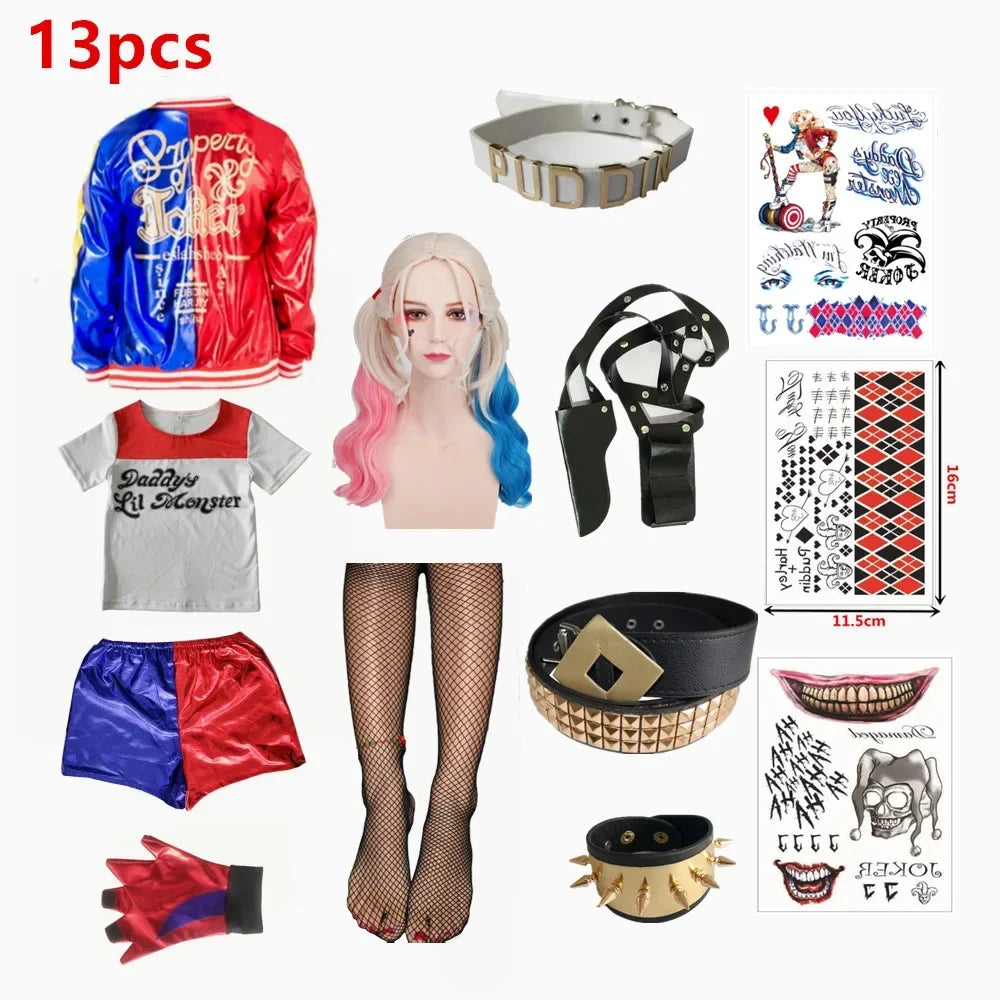 Kids Harleen Quinzel Joker Cosplay Set, Party Outfit with Jacket, Pants & T-shirt