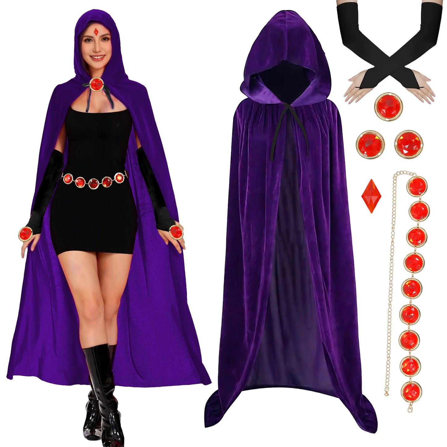 5PCS Purple Hooded Cloak, Women's Anime Cosplay with Red Gem Belt & Long Gloves