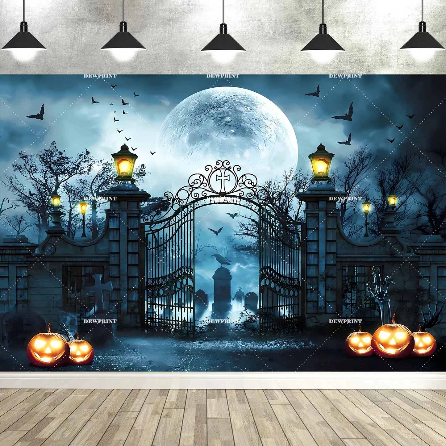Halloween Backdrop with Horror Moon, Cemetery & Pumpkin Lantern for Parties & Photos
