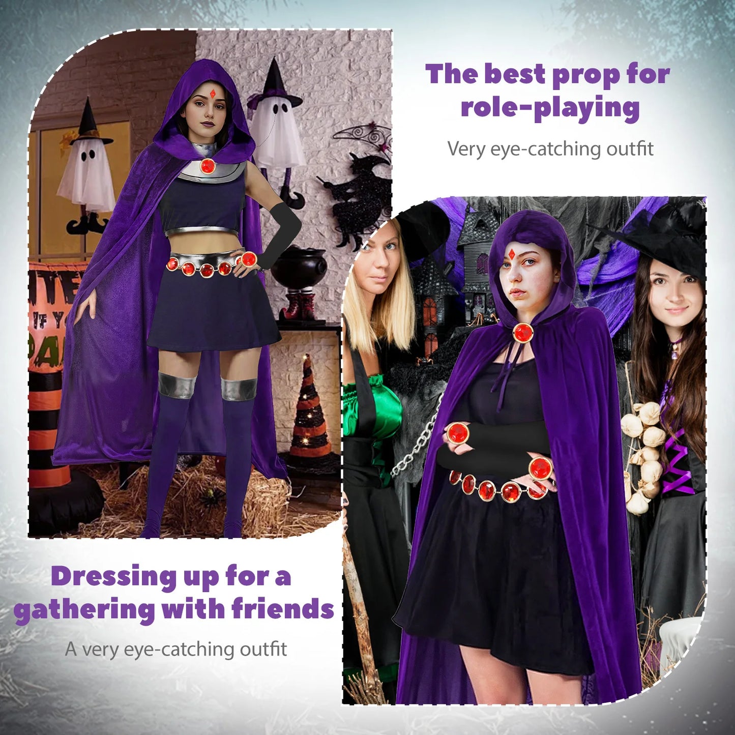 5PCS Purple Hooded Cloak, Women's Anime Cosplay with Red Gem Belt & Long Gloves