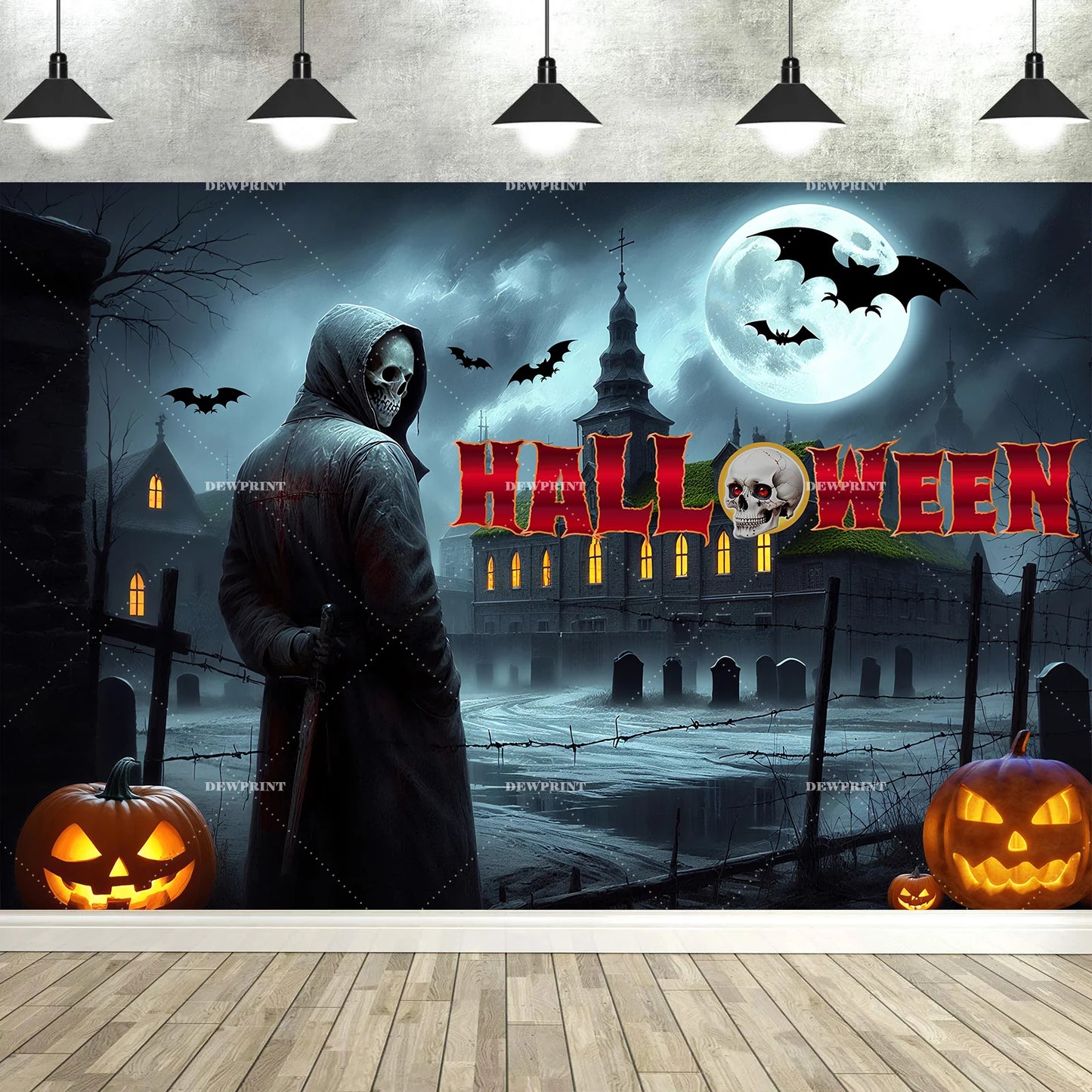 Halloween Backdrop with Horror Moon, Cemetery & Pumpkin Lantern for Parties & Photos