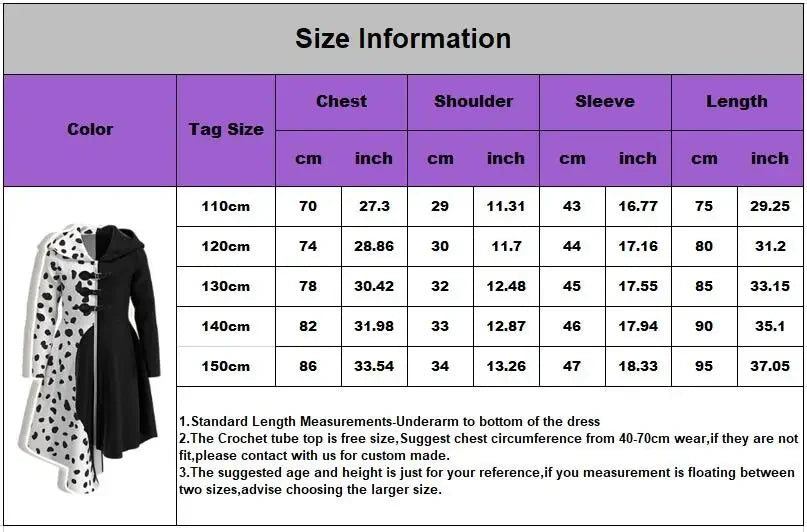 Kids Cruella Deville Costume, Black Dalmatian Jumpsuit, Halloween Party Dress for Girls (4-12 Years)