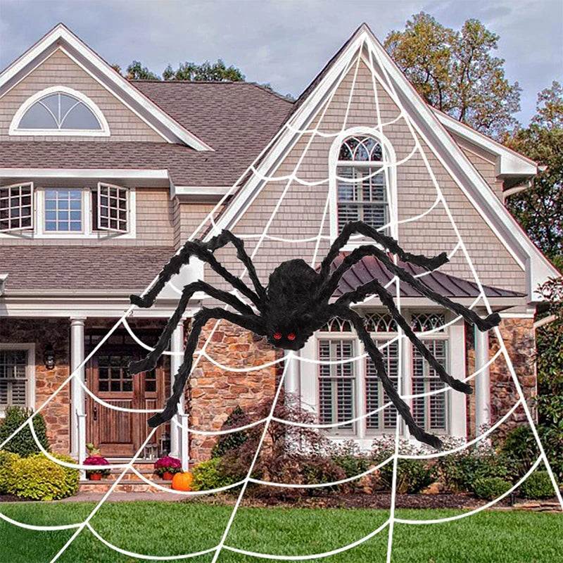 Giant Halloween Black Spider (30/90/150cm) with Web for Home & Haunted House Decor