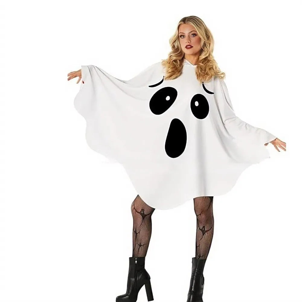 White Halloween Ghost Cloak, Spooky Trick-or-Treat Poncho with Hat