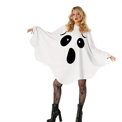 White Halloween Ghost Cloak, Spooky Trick-or-Treat Poncho with Hat