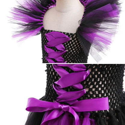 Girls Maleficent Cosplay Costume, Handmade Woven Tulle Dress, Luxury Halloween Gown