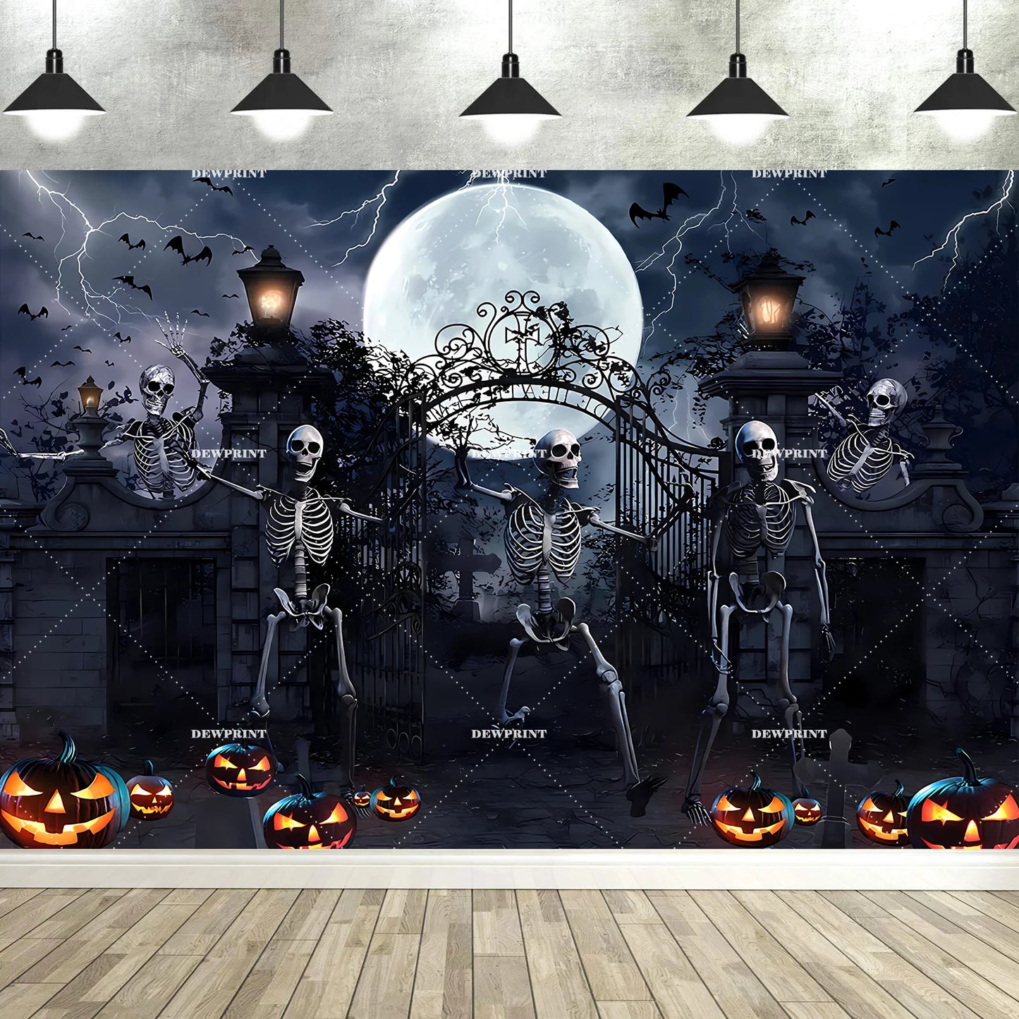 Halloween Backdrop with Horror Moon, Cemetery & Pumpkin Lantern for Parties & Photos
